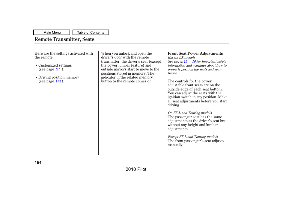 Remote transmitter, seats | HONDA 2010 Pilot User Manual | Page 158 / 575