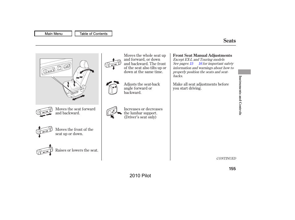 Seats, 2010 pilot | HONDA 2010 Pilot User Manual | Page 159 / 575