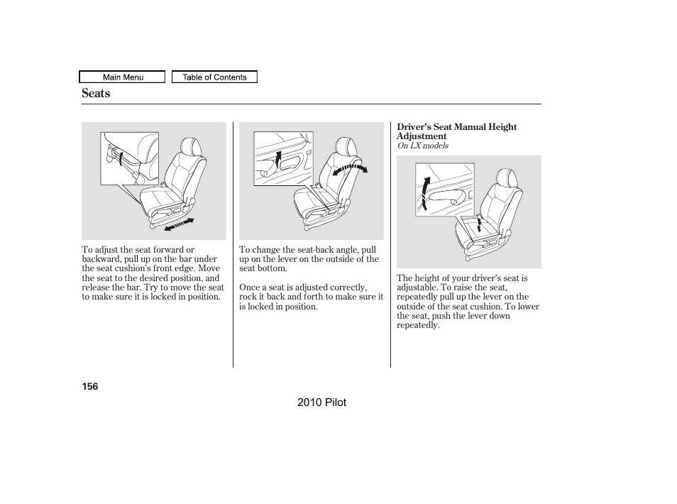 Seats | HONDA 2010 Pilot User Manual | Page 160 / 575