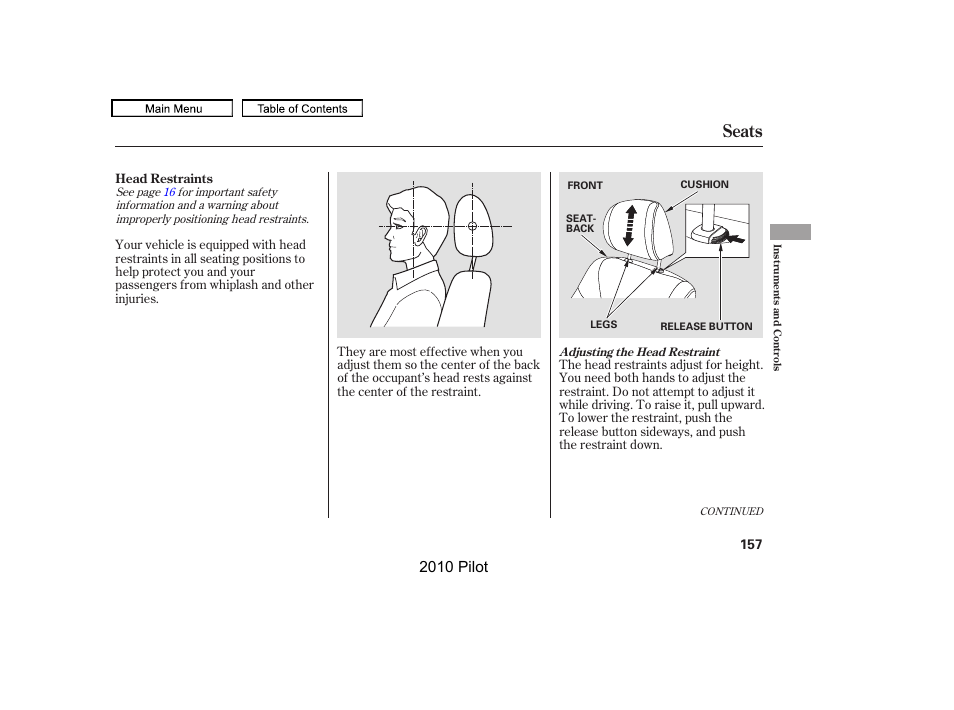 Seats, 2010 pilot | HONDA 2010 Pilot User Manual | Page 161 / 575