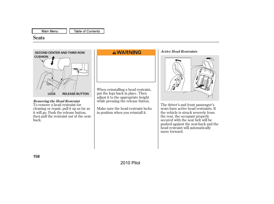 Seats | HONDA 2010 Pilot User Manual | Page 162 / 575