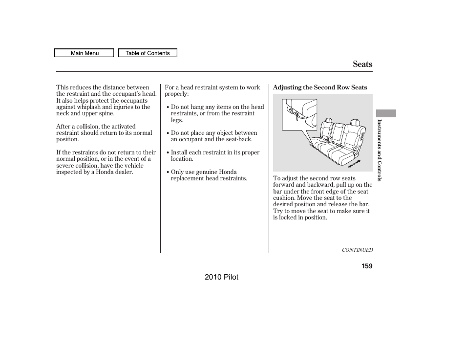 Seats, 2010 pilot | HONDA 2010 Pilot User Manual | Page 163 / 575