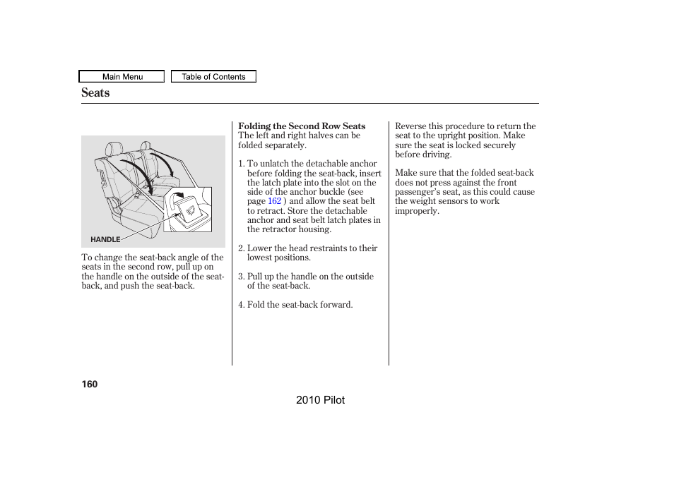 Seats | HONDA 2010 Pilot User Manual | Page 164 / 575