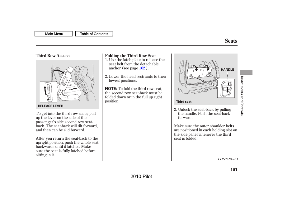 Seats, 2010 pilot | HONDA 2010 Pilot User Manual | Page 165 / 575