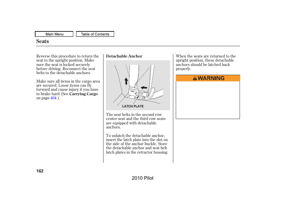 Seats | HONDA 2010 Pilot User Manual | Page 166 / 575