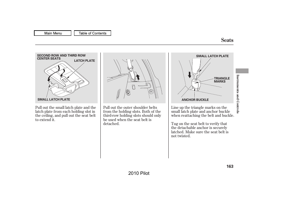 Seats, 2010 pilot | HONDA 2010 Pilot User Manual | Page 167 / 575