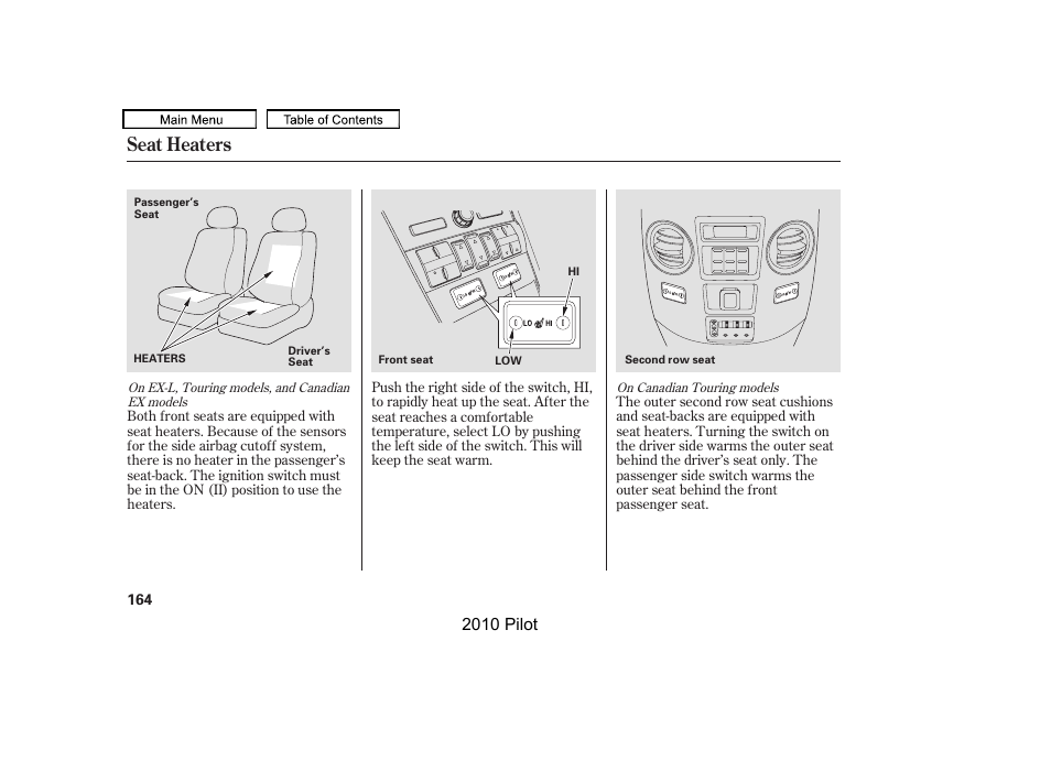 Seat heaters, 2010 pilot | HONDA 2010 Pilot User Manual | Page 168 / 575