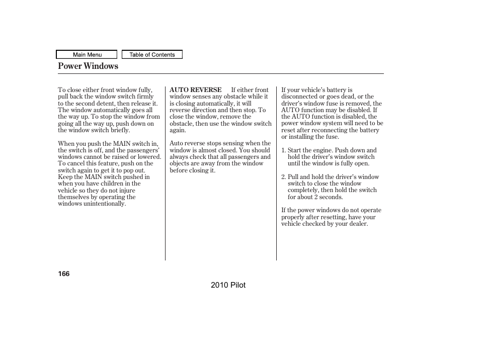 Power windows | HONDA 2010 Pilot User Manual | Page 170 / 575