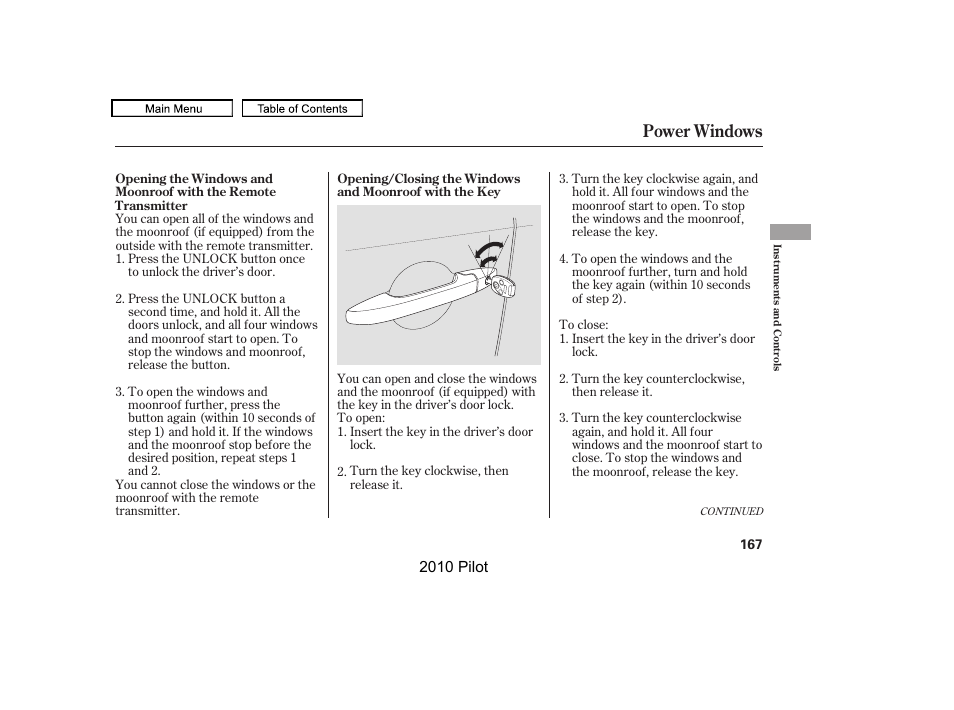 Power windows | HONDA 2010 Pilot User Manual | Page 171 / 575