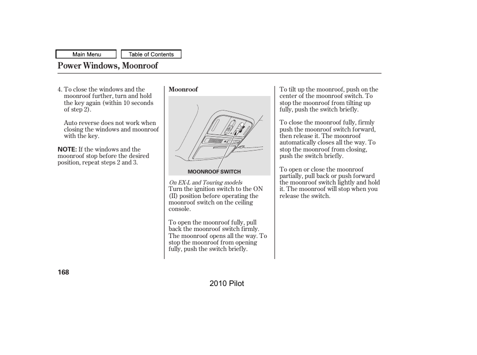 Power windows, moonroof | HONDA 2010 Pilot User Manual | Page 172 / 575