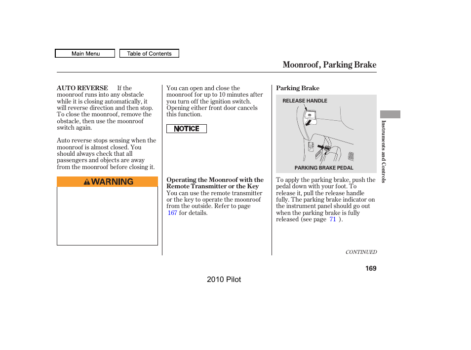 Moonroof, parking brake, 2010 pilot | HONDA 2010 Pilot User Manual | Page 173 / 575