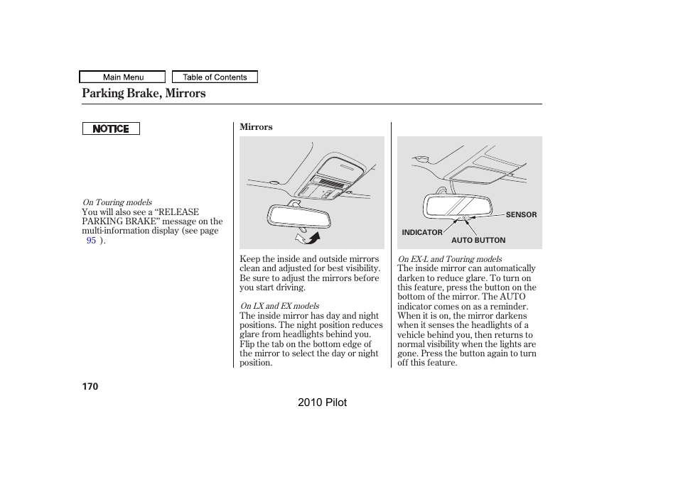 Parking brake, mirrors | HONDA 2010 Pilot User Manual | Page 174 / 575