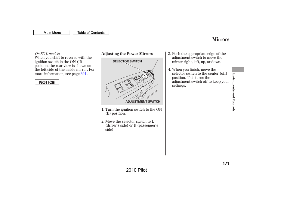 Mirrors, 2010 pilot | HONDA 2010 Pilot User Manual | Page 175 / 575