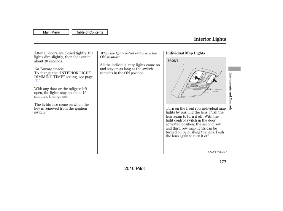 Interior lights, 2010 pilot | HONDA 2010 Pilot User Manual | Page 181 / 575