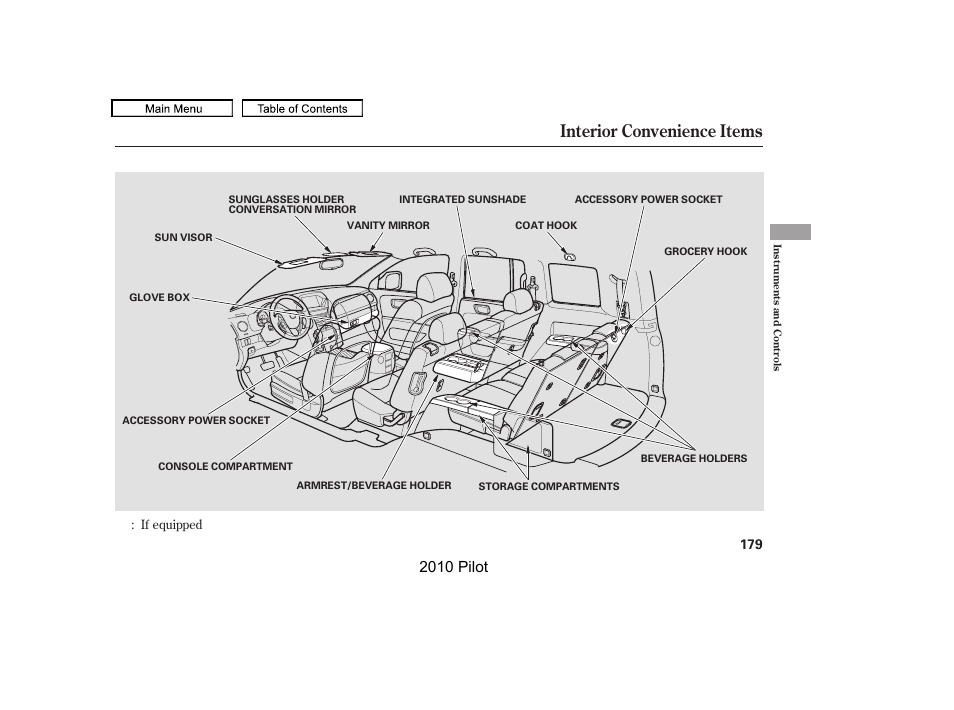 Interior convenience items, 2010 pilot | HONDA 2010 Pilot User Manual | Page 183 / 575