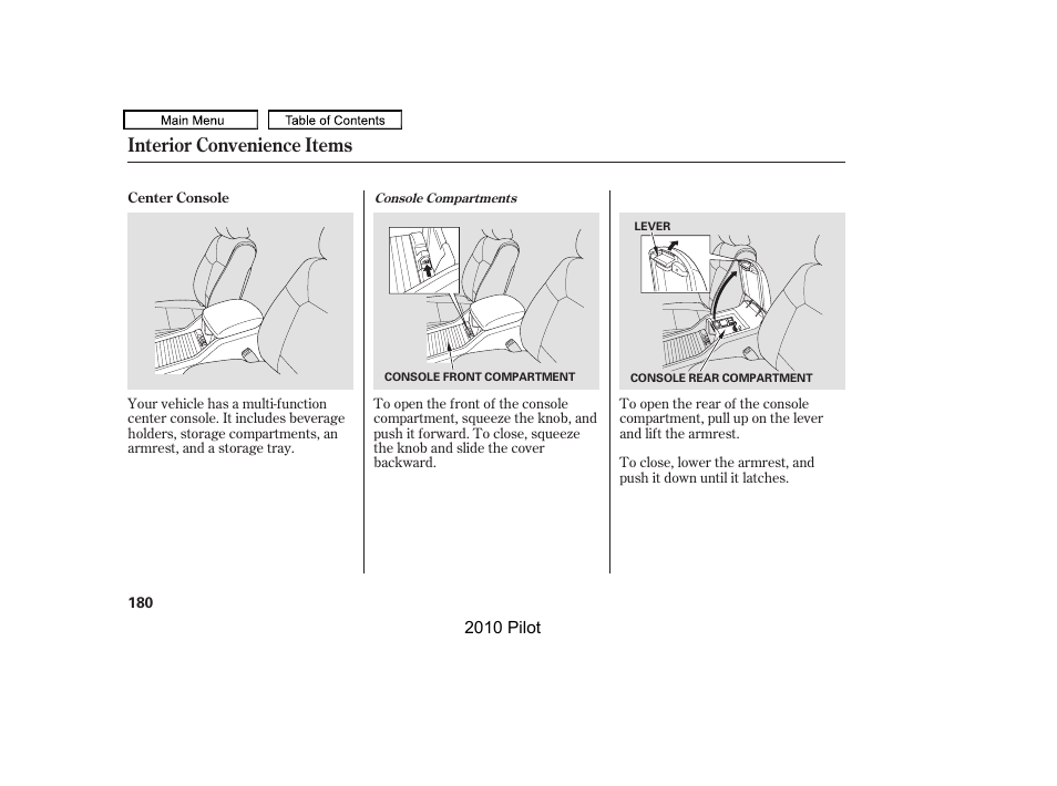 Interior convenience items | HONDA 2010 Pilot User Manual | Page 184 / 575