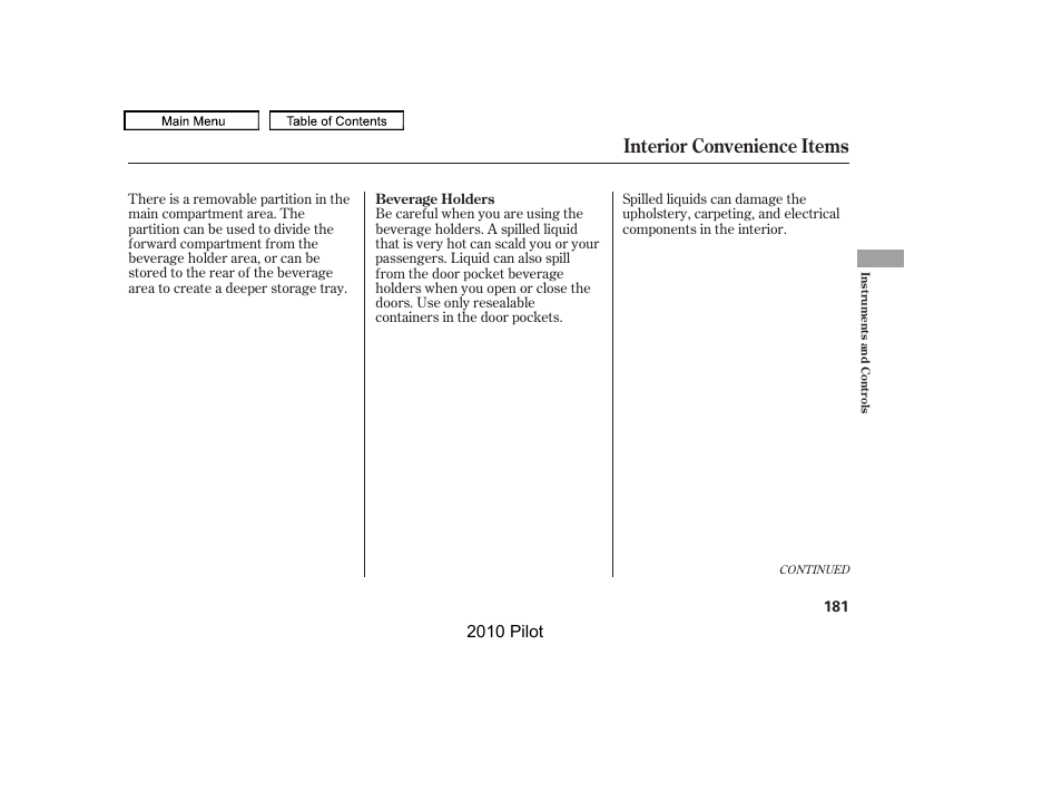 Interior convenience items, 2010 pilot | HONDA 2010 Pilot User Manual | Page 185 / 575