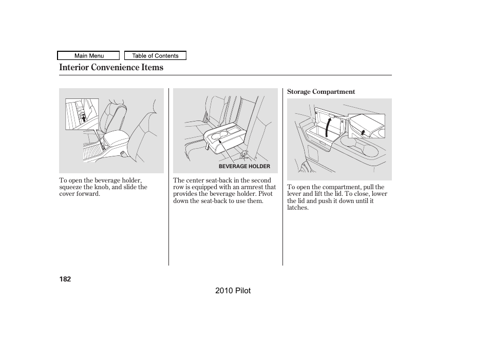 Interior convenience items | HONDA 2010 Pilot User Manual | Page 186 / 575