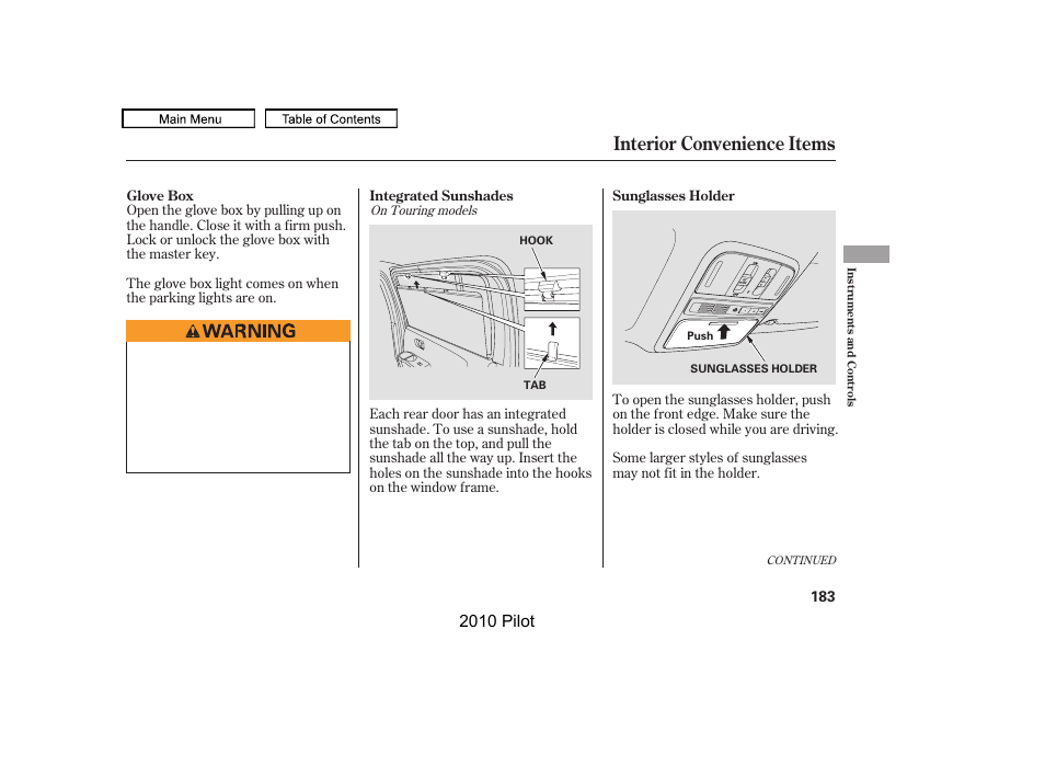 Interior convenience items, 2010 pilot | HONDA 2010 Pilot User Manual | Page 187 / 575