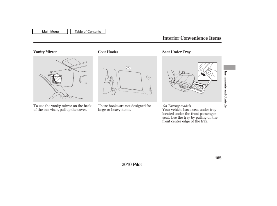 Interior convenience items, 2010 pilot | HONDA 2010 Pilot User Manual | Page 189 / 575