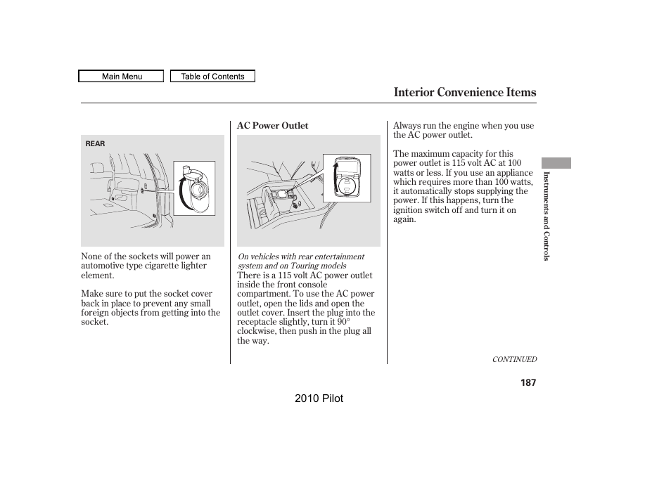 Interior convenience items, 2010 pilot | HONDA 2010 Pilot User Manual | Page 191 / 575