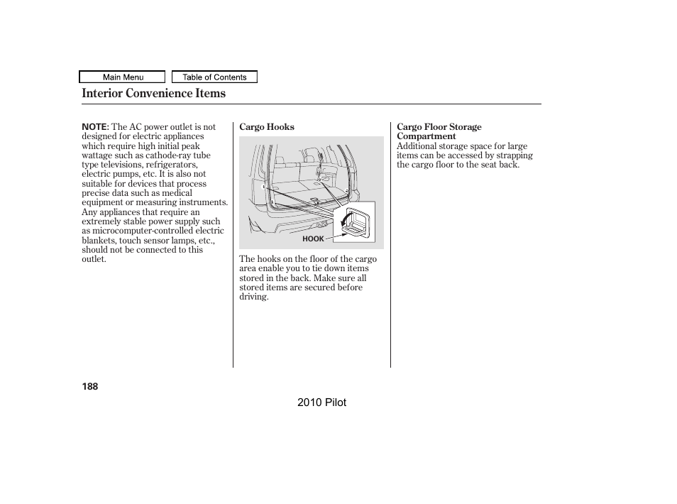 Interior convenience items | HONDA 2010 Pilot User Manual | Page 192 / 575