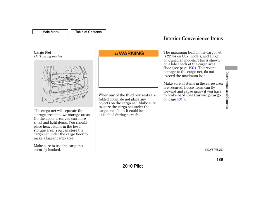 Interior convenience items, 2010 pilot | HONDA 2010 Pilot User Manual | Page 193 / 575