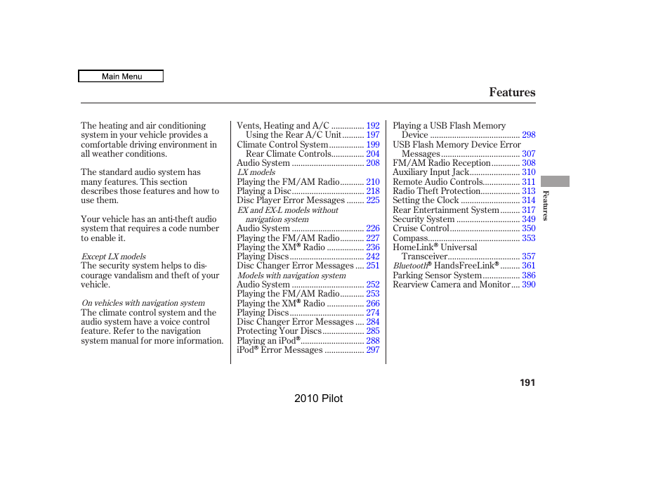 Features | HONDA 2010 Pilot User Manual | Page 195 / 575