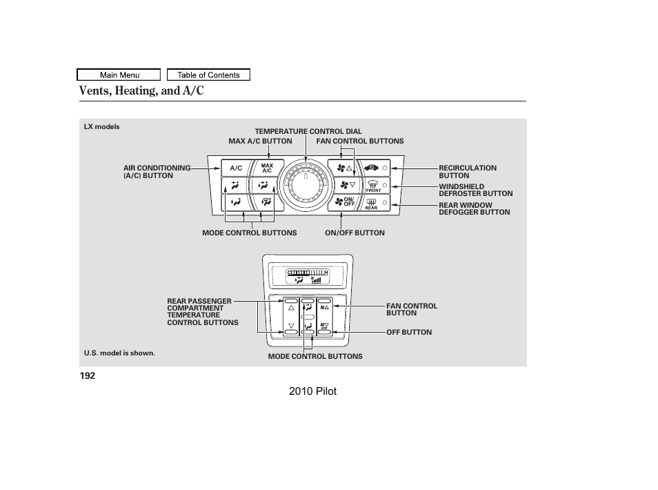 Vents, heating, and a/c, 2010 pilot | HONDA 2010 Pilot User Manual | Page 196 / 575