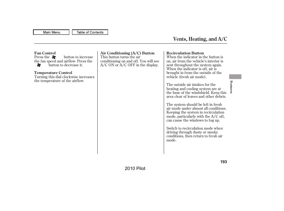 Vents, heating, and a/c | HONDA 2010 Pilot User Manual | Page 197 / 575