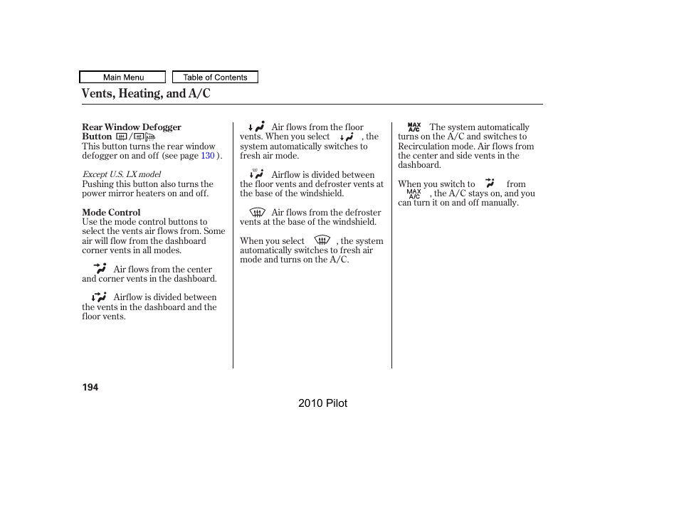 Vents, heating, and a/c | HONDA 2010 Pilot User Manual | Page 198 / 575