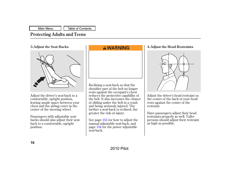 Protecting adults and teens | HONDA 2010 Pilot User Manual | Page 20 / 575