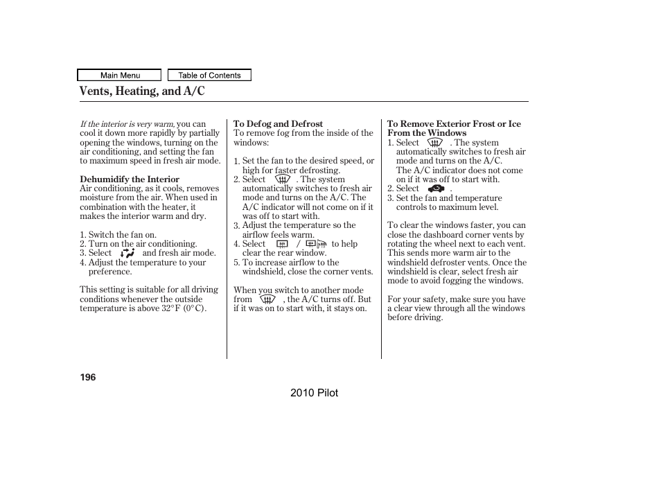 Vents, heating, and a/c | HONDA 2010 Pilot User Manual | Page 200 / 575