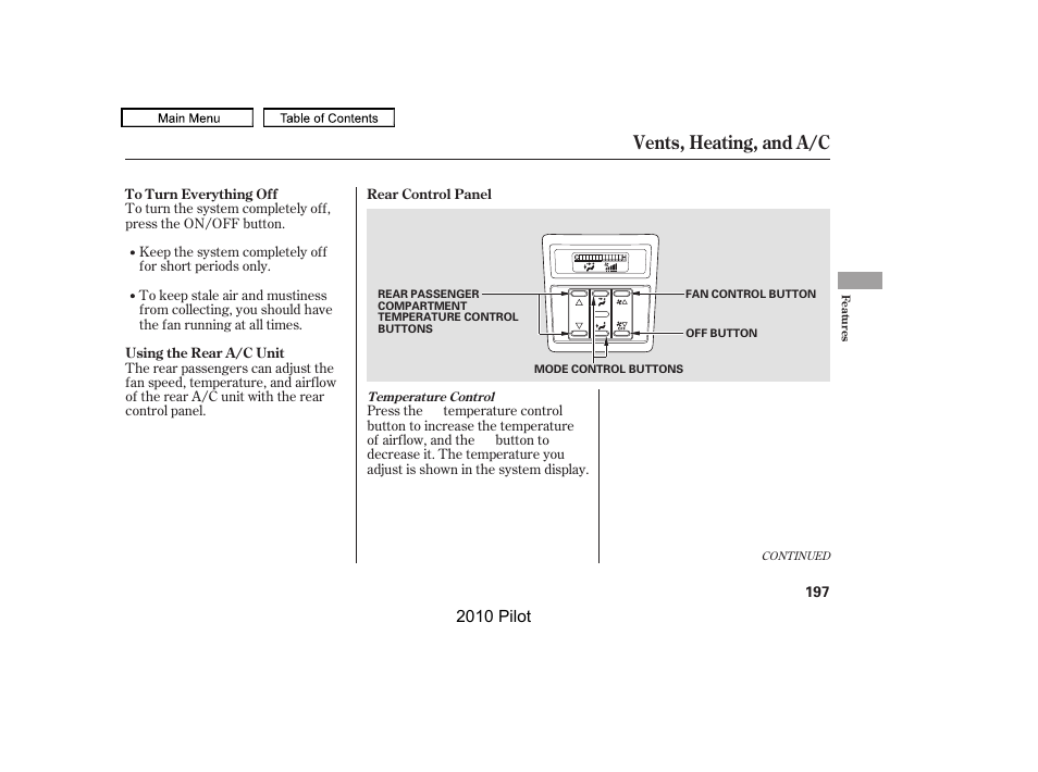 Vents, heating, and a/c | HONDA 2010 Pilot User Manual | Page 201 / 575