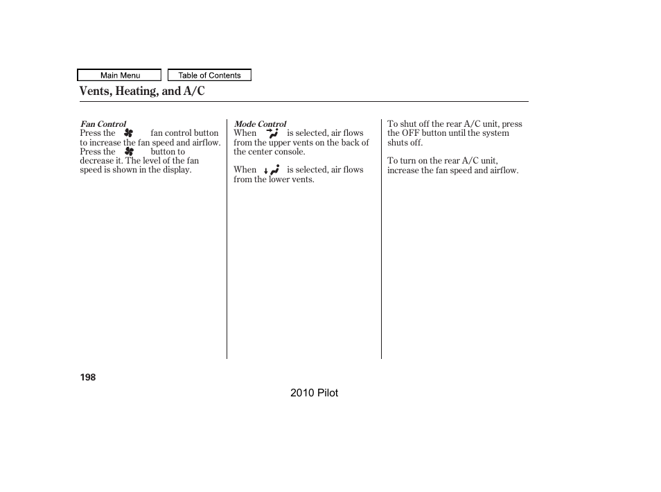 Vents, heating, and a/c | HONDA 2010 Pilot User Manual | Page 202 / 575