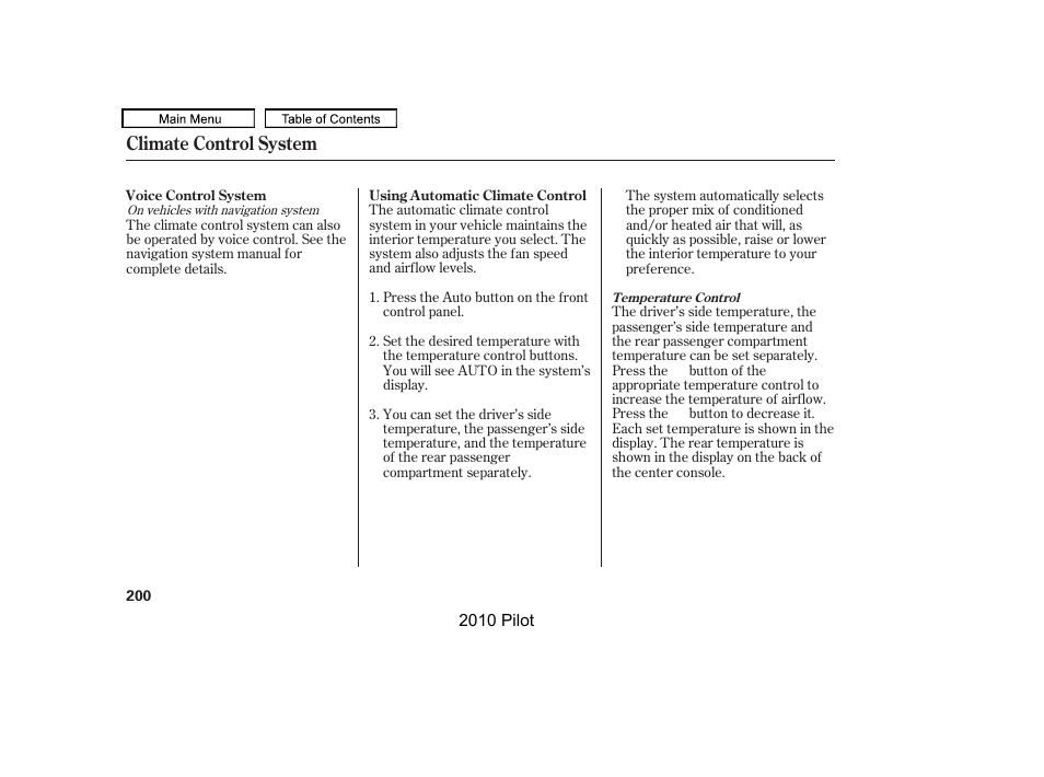 Climate control system | HONDA 2010 Pilot User Manual | Page 204 / 575