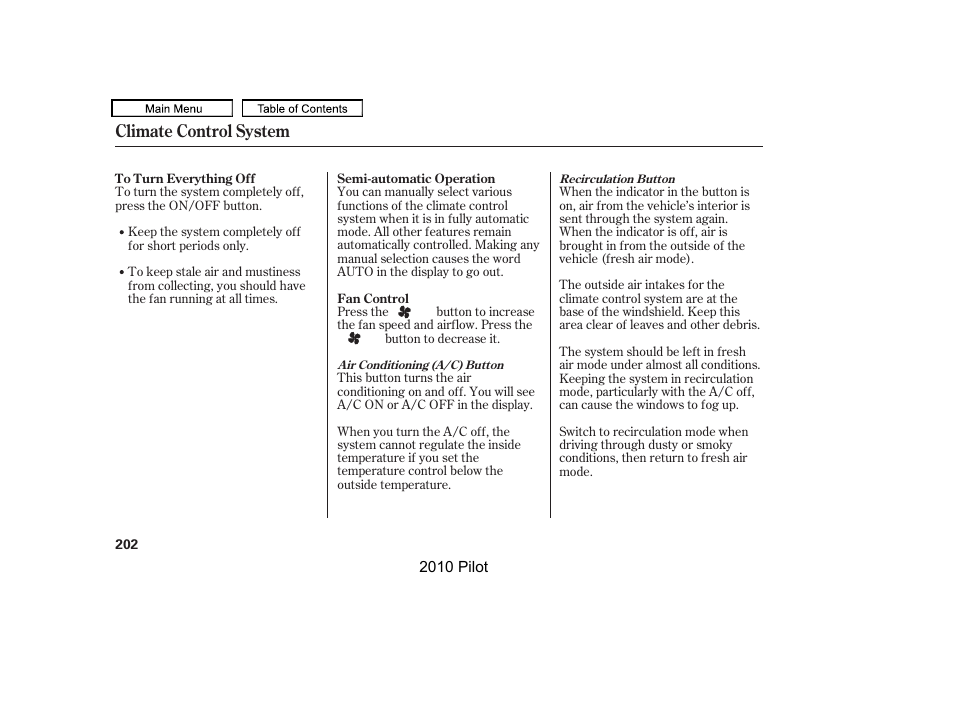 Climate control system | HONDA 2010 Pilot User Manual | Page 206 / 575