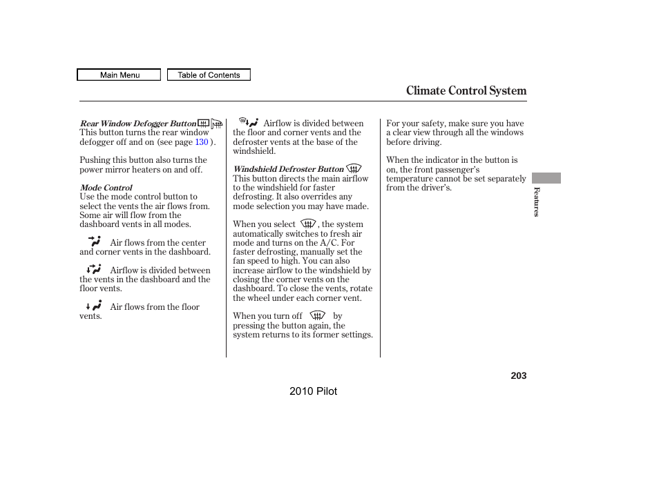 Climate control system | HONDA 2010 Pilot User Manual | Page 207 / 575