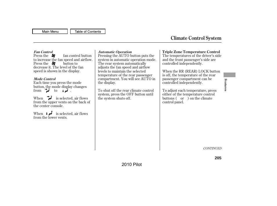 Climate control system | HONDA 2010 Pilot User Manual | Page 209 / 575