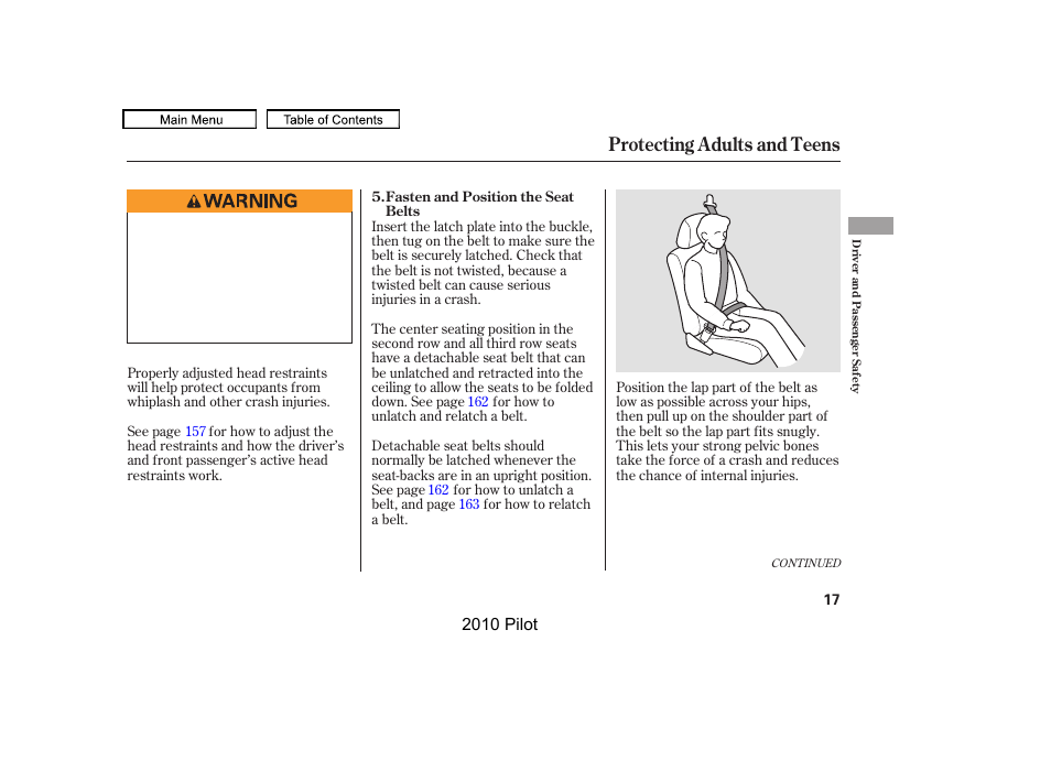 Protecting adults and teens | HONDA 2010 Pilot User Manual | Page 21 / 575