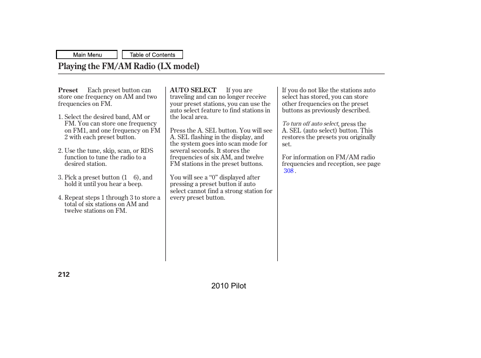 Playing the fm/am radio (lx model) | HONDA 2010 Pilot User Manual | Page 216 / 575