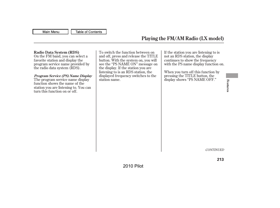 Playing the fm/am radio (lx model) | HONDA 2010 Pilot User Manual | Page 217 / 575