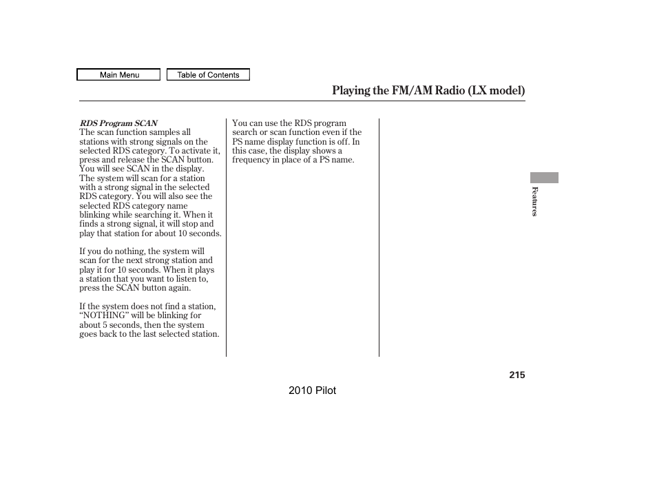 Playing the fm/am radio (lx model) | HONDA 2010 Pilot User Manual | Page 219 / 575