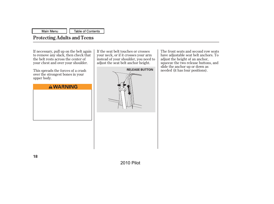 Protecting adults and teens | HONDA 2010 Pilot User Manual | Page 22 / 575