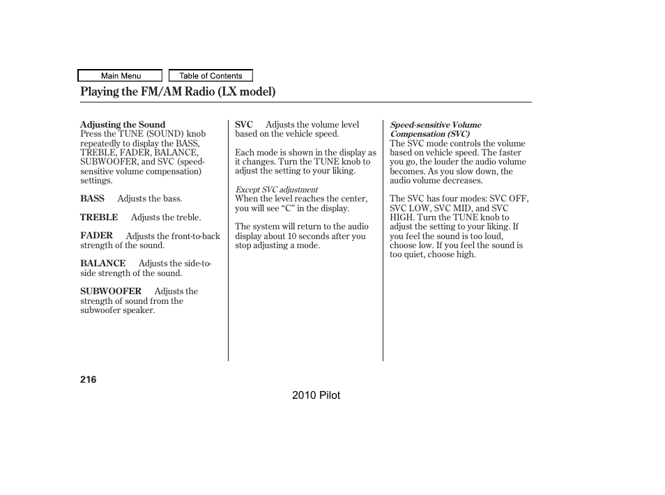 Playing the fm/am radio (lx model) | HONDA 2010 Pilot User Manual | Page 220 / 575