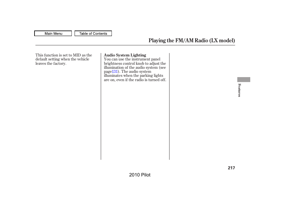 Playing the fm/am radio (lx model) | HONDA 2010 Pilot User Manual | Page 221 / 575