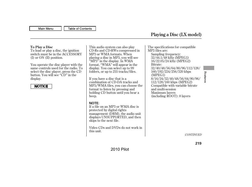 Playing a disc (lx model) | HONDA 2010 Pilot User Manual | Page 223 / 575