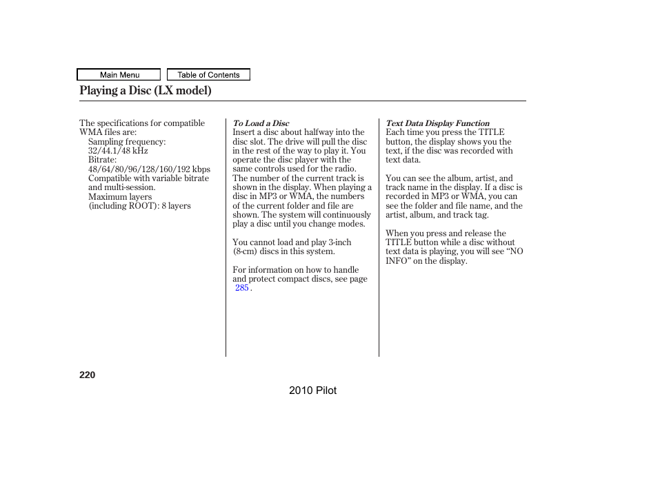 Playing a disc (lx model) | HONDA 2010 Pilot User Manual | Page 224 / 575