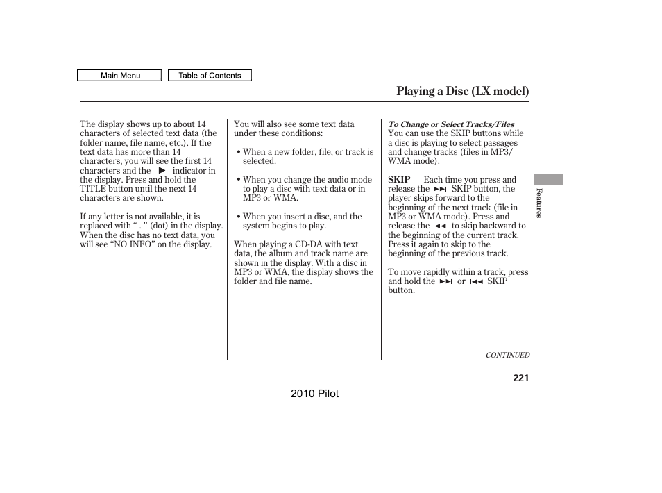 Playing a disc (lx model) | HONDA 2010 Pilot User Manual | Page 225 / 575