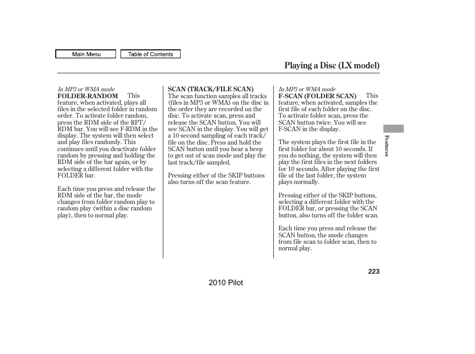 Playing a disc (lx model) | HONDA 2010 Pilot User Manual | Page 227 / 575